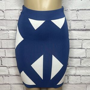 BCBGMAXAZRIA Women Blue White Natalee Geometric Jacquard Pencil Skirt Size Small